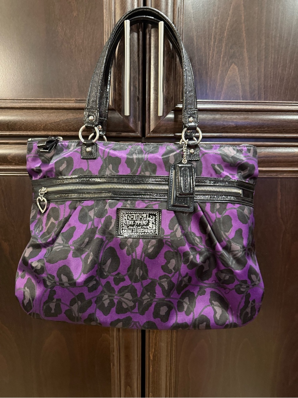 Coach Purple and Black Leopard Print Shoulder Tote